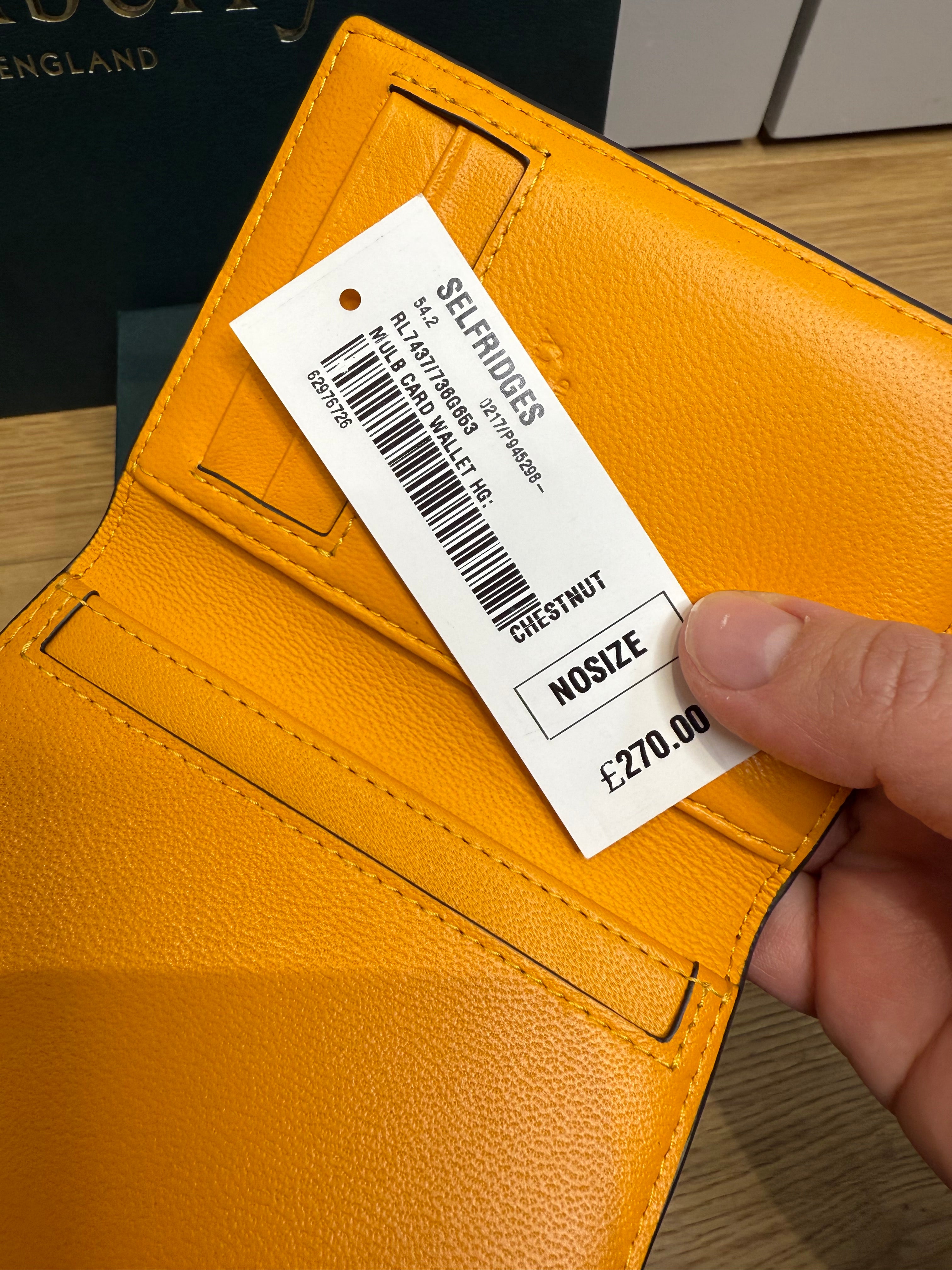 Mulberry mens chestnut brown leather card holder wallet interior with card slots and slip pockets and tag