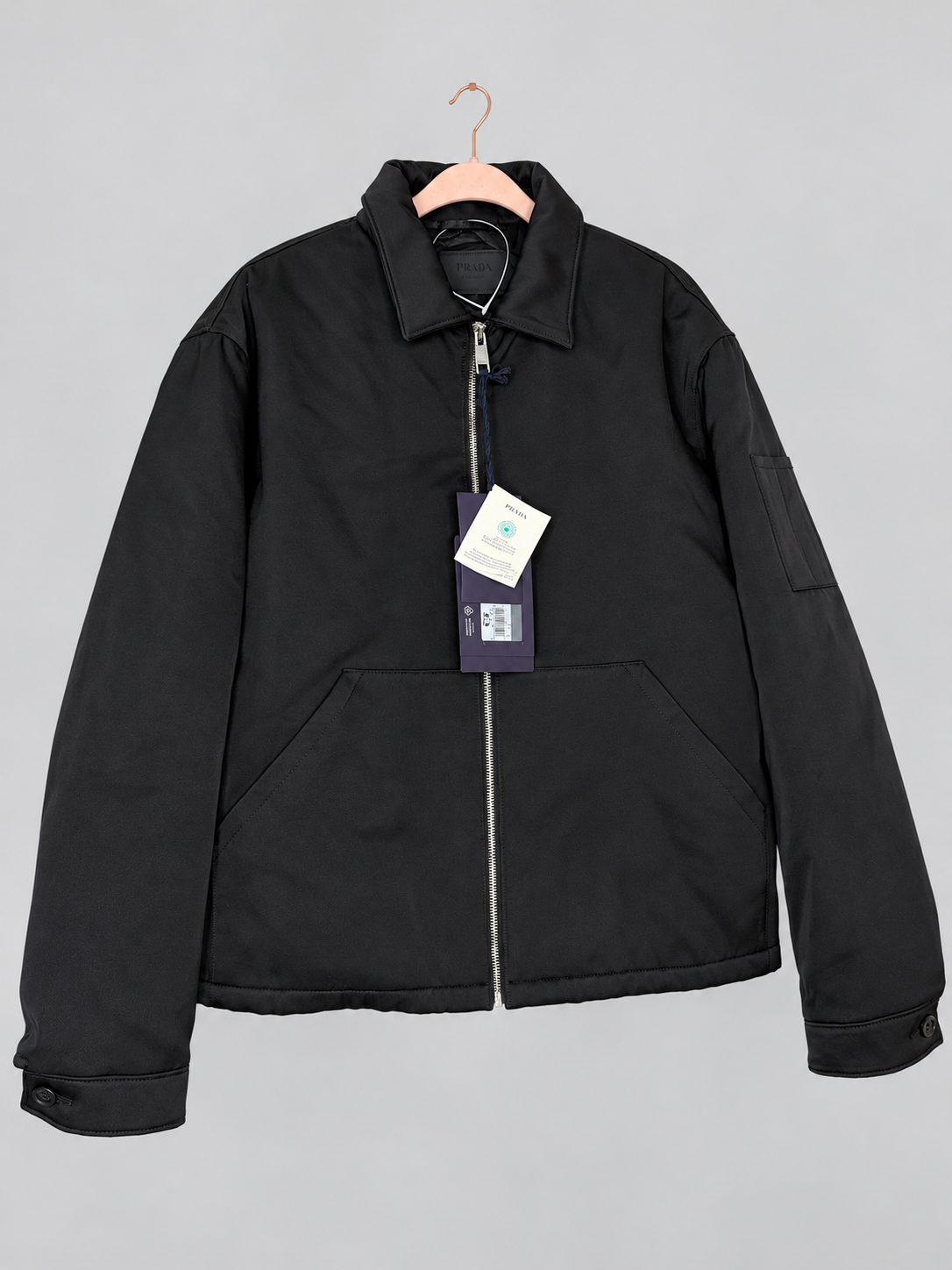 Front view of Prada men’s black silk and cotton-blend jacket in size Large